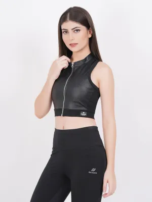 Black leather Patch Sports Bra for Women