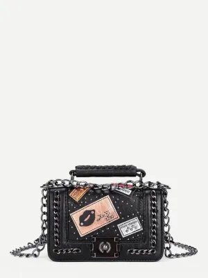 Patch Decorated Chain Crossbody Bag