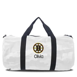 Personalized Boston Bruins White Camo Duffel Bag